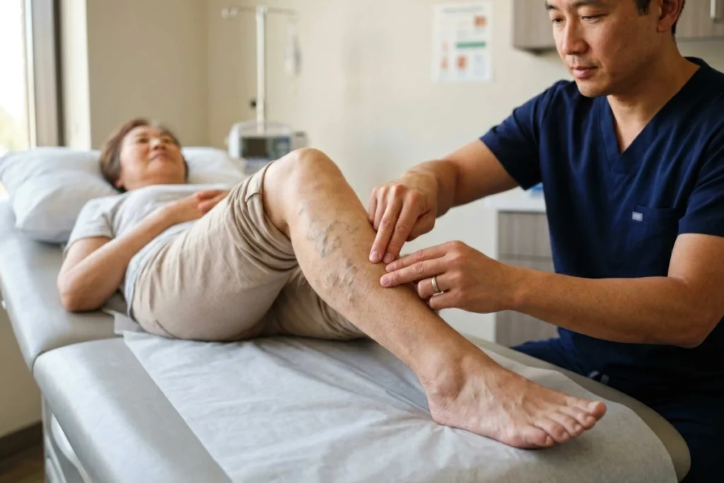 Doctor examining patients leg before ClosureFast procedure for venous disease treatment